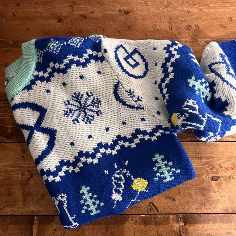 Roody Ugly Christmas Holiday Men's size Small Blue white Knit Sweater Snowflake